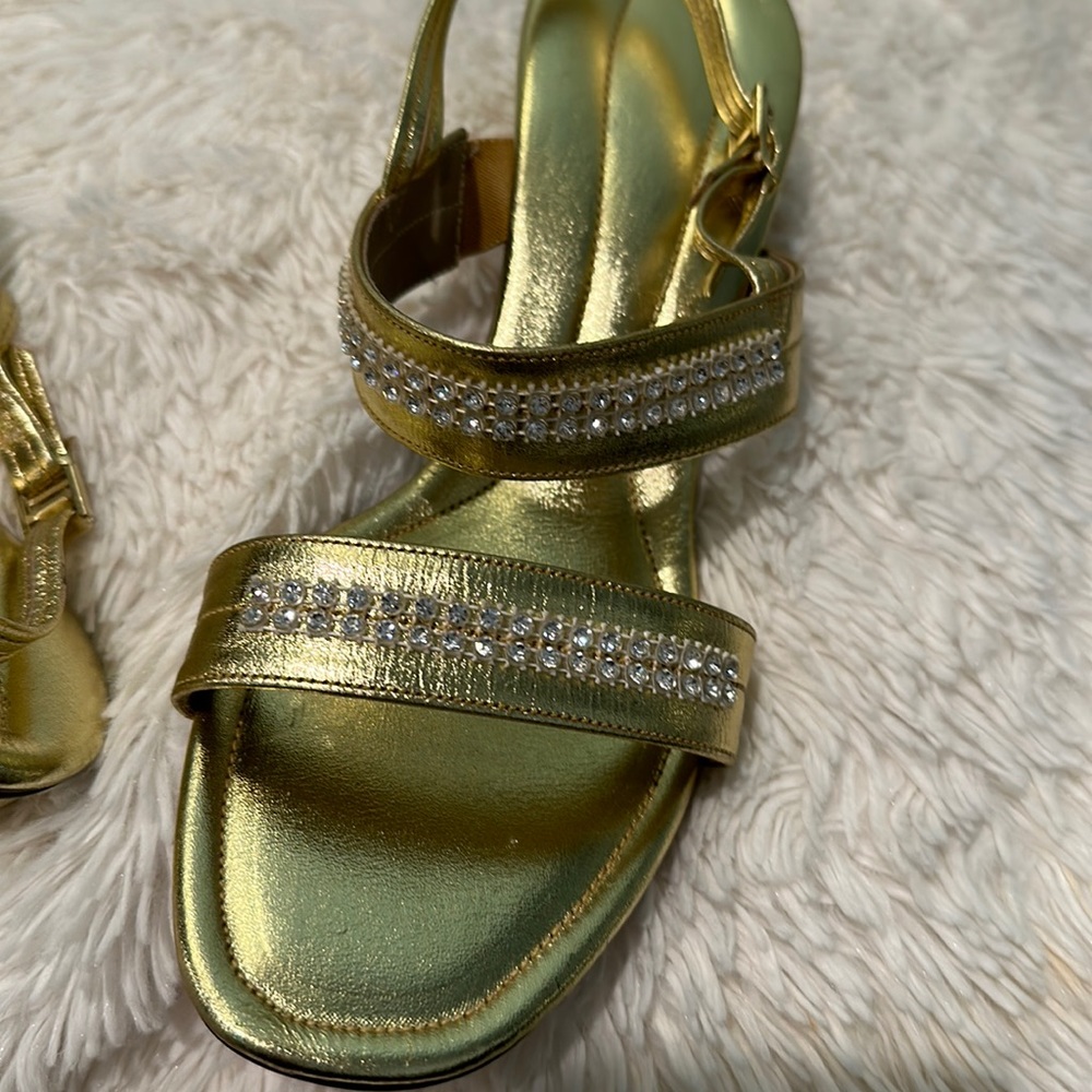 Vintage Polly of California Gold Leather Strappy Heels with Sparkly Rhinestones - Picture 4 of 13